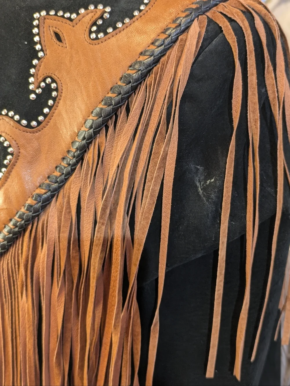 Vintage Diamond Leather Black And Brown Western Jacket Fringe Studs Made In USA - Picture 9 of 10